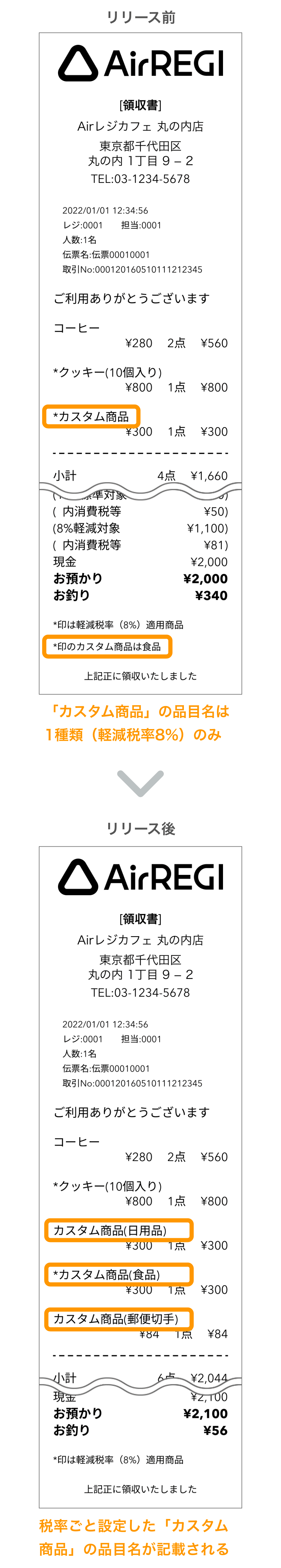 02sp Airレジ レシート見本のリリース前／リリース後 SP表示