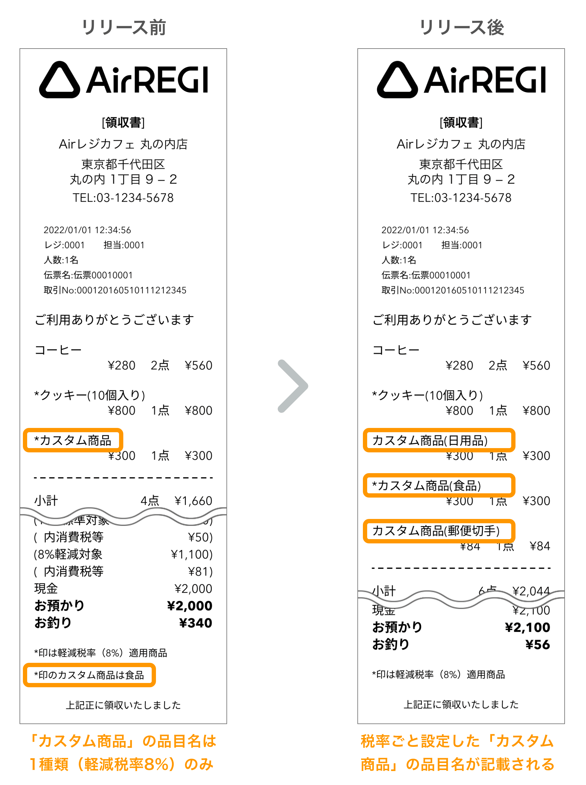 02pc Airレジ レシート見本のリリース前／リリース後 PC表示