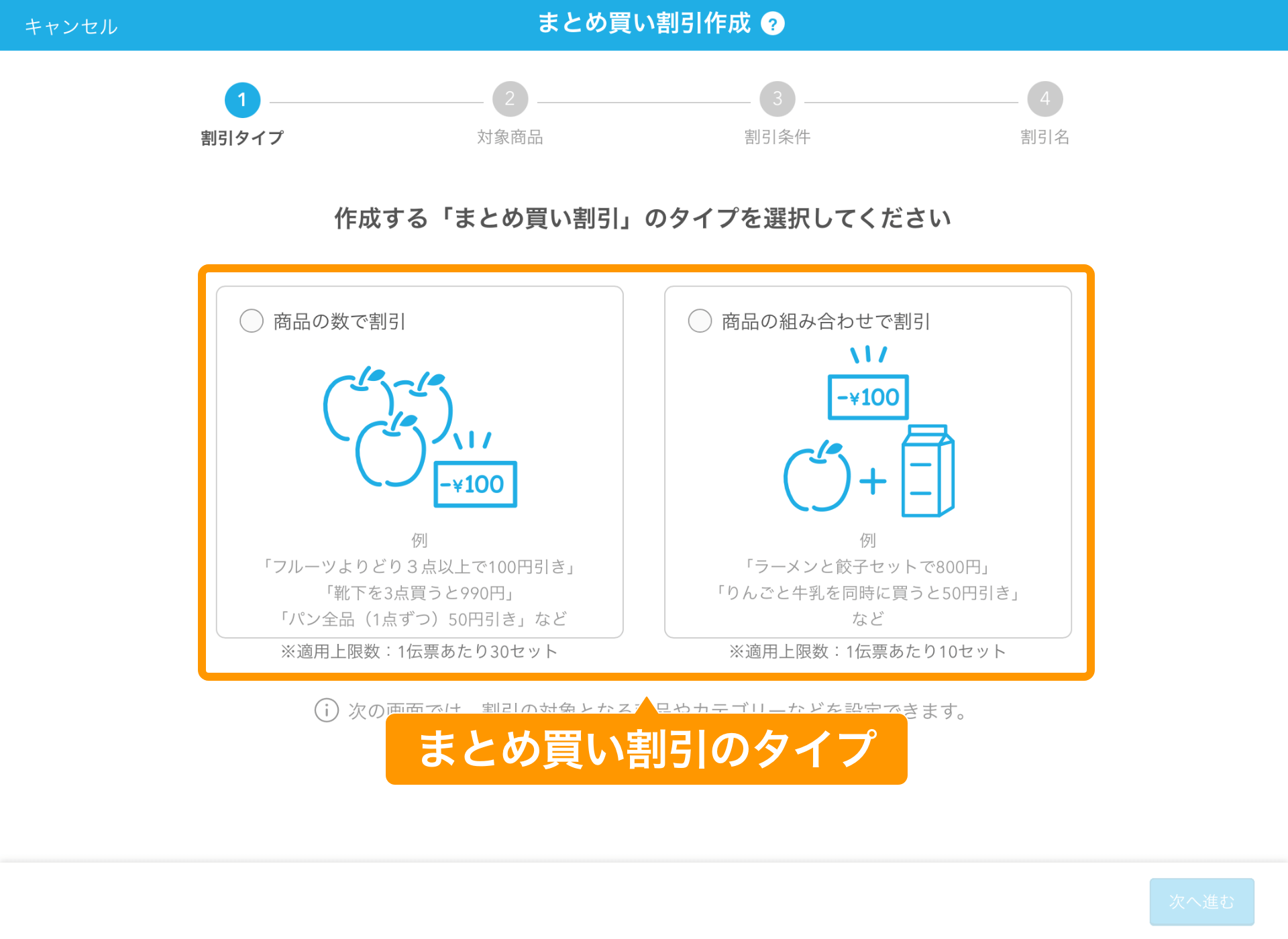 02 まとめ買い割引作成画面 まとめ買い割引のタイプ