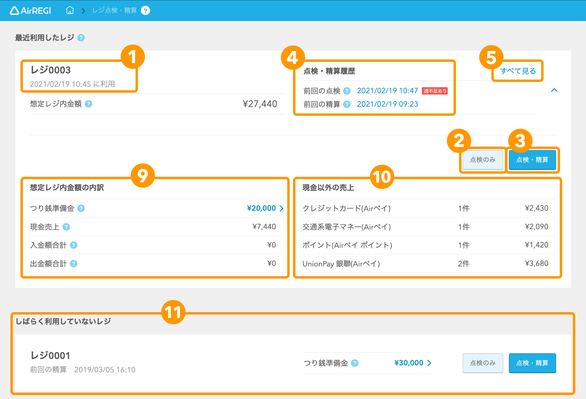 02 Airレジ バックオフィス レジ点検・精算画面