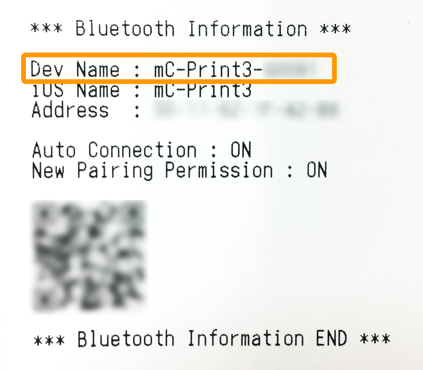 mC-Print3プリンター Bluetooth Information 印字内容