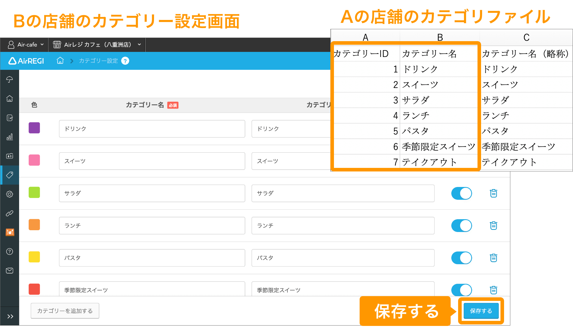 07 Airレジバックオフィス カテゴリー設定画面