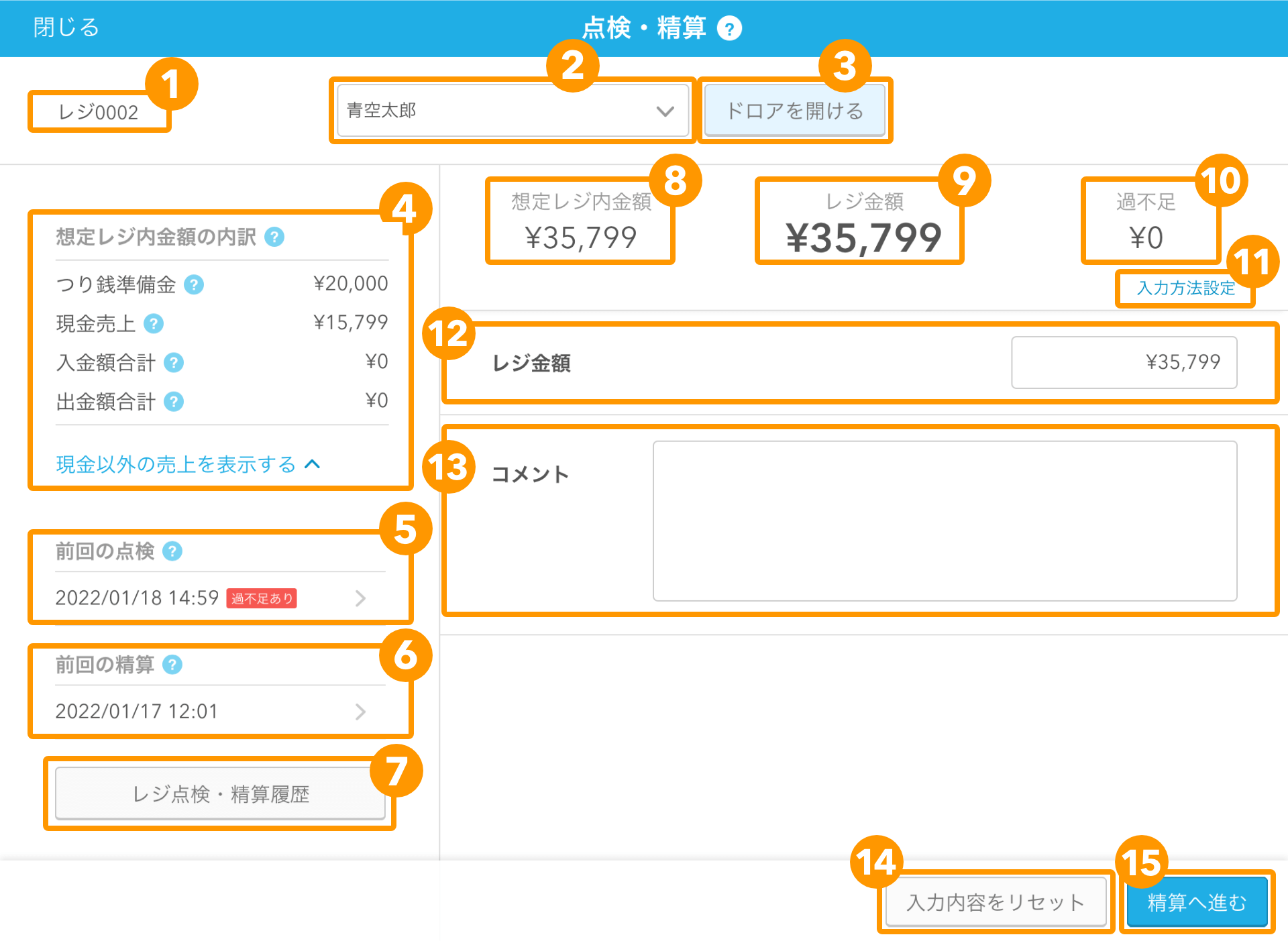 Airレジ アプリ 点検・精算画面