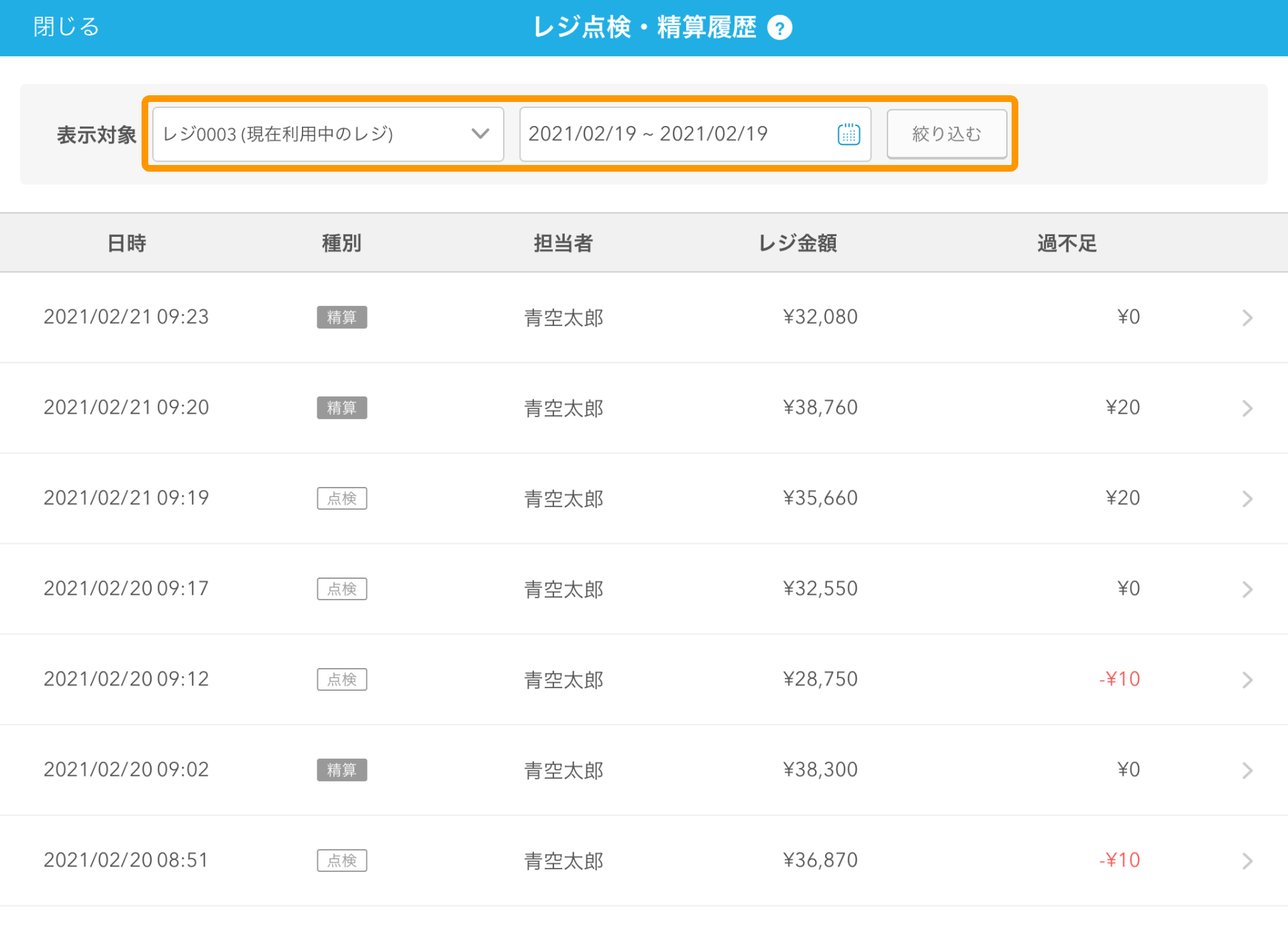 Airレジ レジ点検・精算履歴