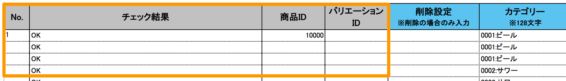 テンプレートファイル チェック結果・商品ID・バリエーションID